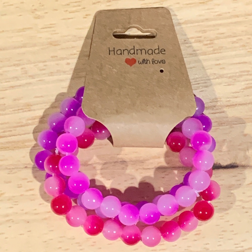 Handmade Stretch Bracelet Women OS Set of 3 Pink Purple Beaded Stackable Jewelry